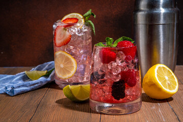  Spring or summer cold berry cocktail, raspberry, blackberry and strawberry lemonade or mojito
