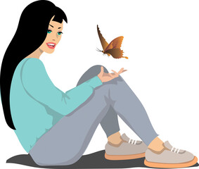 A young girl with black hair sits on the floor, and a butterfly flies near her hand. The girl rejoices, she is delighted with the beauty of the butterfly.