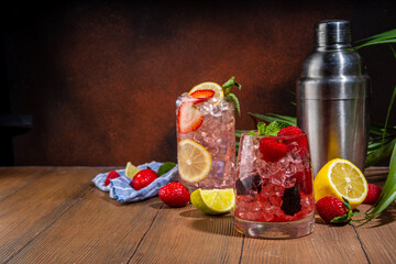  Spring or summer cold berry cocktail, raspberry, blackberry and strawberry lemonade or mojito