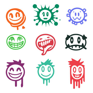 Collection of grunge graffiti spray emojis. Set of smiling faces. Melting paint streaks. Grunge ink, splash stain and drip vector illustration