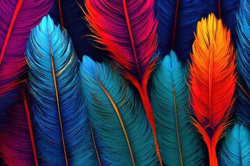 Abstract background. Silhouettes of flying feathers of different birds on the background. colorful.