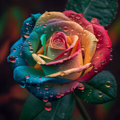 rose fresh with colorful petals and dew drops, green leaves, in the garden, close-up