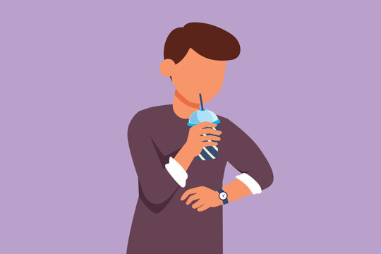 Graphic flat design drawing attractive man drink orange juice from plastic cup while looking at his watch. Busy time at office hour. Male feel thirsty in hot summers. Cartoon style vector illustration