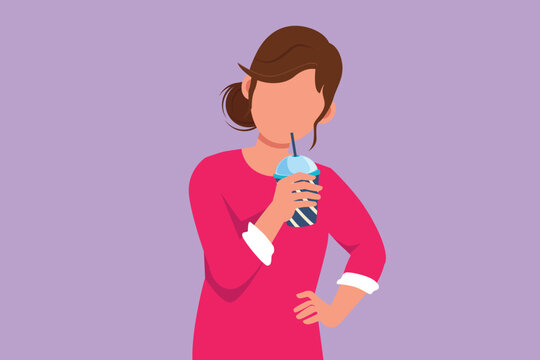 Cartoon flat style drawing portrait of young female drinking orange juice from plastic cup with one hand on the waist. Feels thirsty and refreshing in summer season. Graphic design vector illustration