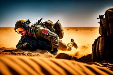 A soldier crawling in the sand to avoid gunfire, intense and dangerous, high details, bright and sunny, heavily armed with weapons and gear, dusty and chaotic, adrenaline,  generative AI