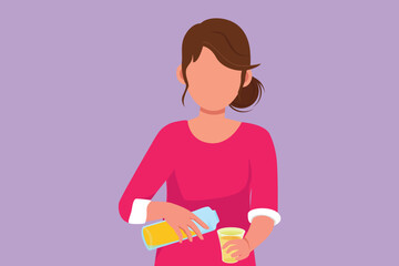 Graphic flat design drawing attractive woman pouring orange juice into glass from bottle while having breakfast at home. Healthy female feel thirsty in summer season. Cartoon style vector illustration