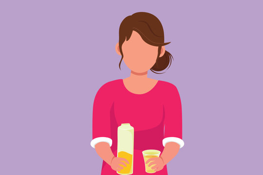 Character flat drawing portrait of woman holding bottle of orange juice in one hand and glass in other hand while having breakfast in morning. Female feels thirsty. Cartoon design vector illustration