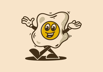 illustration character of a fried egg is walking with a happy face
