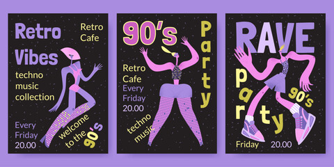 A set of vector banner templates for an event in the style of the nineties with funny characters in extravagant outfits. Rave party.