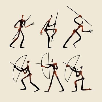 Primitive drawings of hunters with spears and bows. Stylization. Prehistoric art