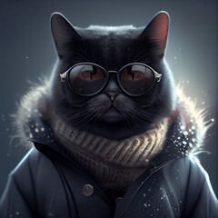 chic cat charisma wearing coat, wearing sunglasses, funny, fashion, pic as wallpaper, poster, t shirt and others