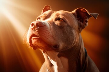 Pitbull close-up with sunbeam background, Generative AI