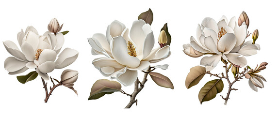 magnolia set Transparent background , ai generated