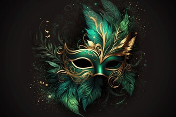 Carnival mask in golden and green on dark background. Front view. Generative ai.