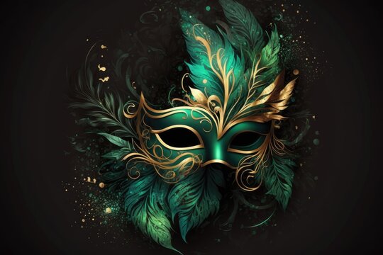 Carnival mask in golden and green on dark background. Front view. Generative ai.