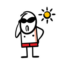 Cool undressed in sunglasses on the beach under the hot sun.
