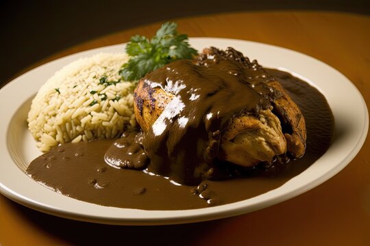 Mole Poblano Chicken, Chicken Covered in Sweet and Spicy Chocolate Sauce with Rice, 3D Render