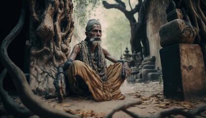Old sadhu yogi sitting in a jungle forest.Guru of yoga illustration generative ai	