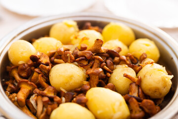 traditional dishes of Eastern European cuisine. Fried chanterelles with young potatoes in pan
