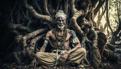 Fotobehang Old sadhu yogi sitting in a jungle forest.Guru of yoga illustration generative ai  © Roman