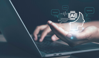 Artificial intelligence(AI) chatbot conversation assistant. Person using online customer contact...