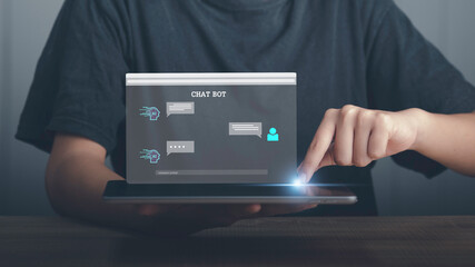 Chatbot Artificial Intelligence (AI) conversation. Person using online customer service with chat bot to get support by enter command prompt for generates. Futuristic digital transformation.