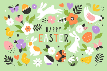 Easter design collection. Vector cartoon illustration in a modern flat simplified style of rabbits, flowers, chickens, and Easter eggs creates a trendy pattern. Isolated on light green background
