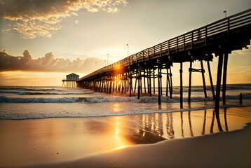 Romantic illustration with a wooden bridge leading to a house over the water, with a background of sunset and the ocean. Generative AI