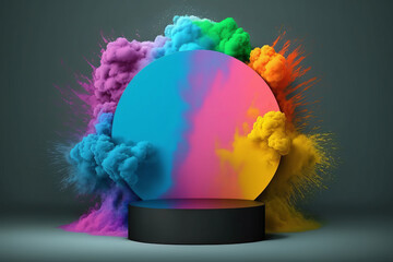 Obraz na płótnie Canvas Product display podium with colorful powder paint explosion. Generative ai