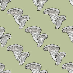Seamless pattern with oyster mushrooms on light green background. Vector image.