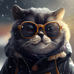 chic cat charisma wearing coat, wearing sunglasses, funny, fashion, pic as wallpaper, poster, t shirt and others