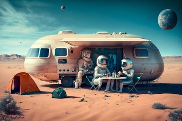 Family Astronauts Tourists Colonizers Vacation Trip on other Planet. Generative AI