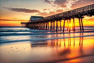 Romantic illustration with a wooden bridge leading to a house over the water, with a background of sunset and the ocean. Generative AI