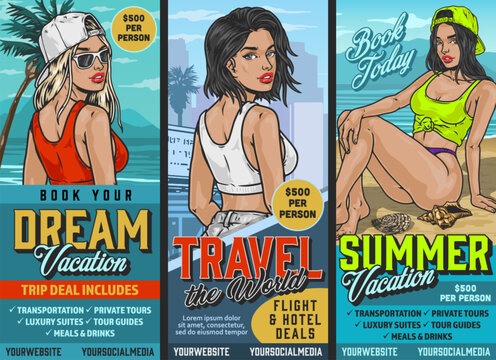 Summer holidays colorful posters set