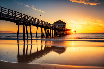 Romantic illustration with a wooden bridge leading to a house over the water, with a background of sunset and the ocean. Generative AI