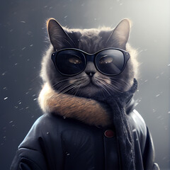 chic cat charisma wearing coat, wearing sunglasses, funny, fashion, pic as wallpaper, poster, t shirt and others