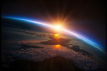 Sunset in Space on Earth Horizont. Generative AI
