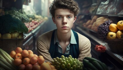 Salesman in vegetables and fruits at the market or grocery store. Generative AI illustration.