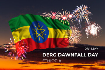 Sky with majestic fireworks and flag of Ethiopia