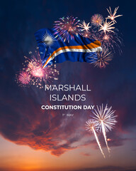 Majestic fireworks and flag of Marshall Islands on National holiday