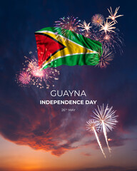 Majestic fireworks and flag of  on National holiday Guayana