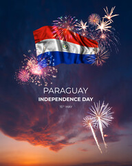 Majestic fireworks and flag of  on National holiday Paraguay