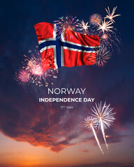 Majestic fireworks and flag of  on National holiday Norway