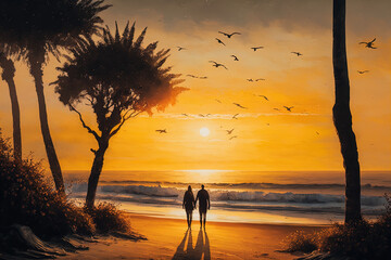 Romantic Paradise: A Sunset Stroll Along the Beach