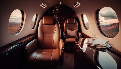 Private plane luxurious Interior with leather seats