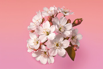 White cherry tree flowers scattered over a pink background, levitation, spring flowers conception, generated ai