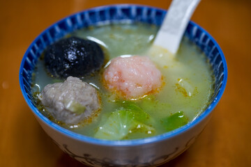 A bowl of sweet and delicious fish ball shrimp ball winter melon soup