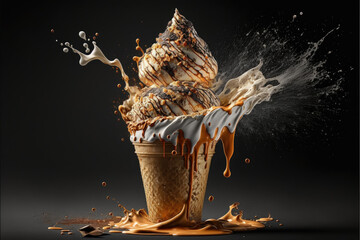 cone of ice-cream with splashes of multi-colored cream, creating a fun and vibrant dessert