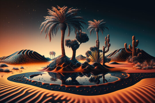 Desert Oasis. Imaginary Landscape.
