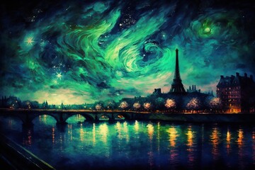 Eiffel Tower Starry Night In Paris France Watercolor Digital Painting Colorful Background